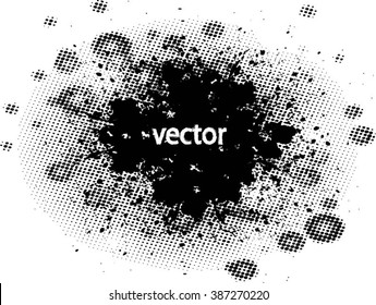 Ink splat overlayed by halftone dots in black and white. Vector