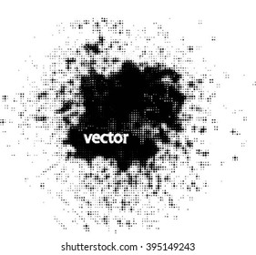 Ink splat overlayed by halftone dots in black and white. Vector
