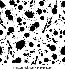 Ink splat seamless pattern. Abstract spot shapes, black inked drops. Grunge dirty print vector wallpaper texture