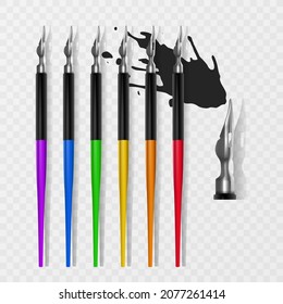 Ink Splat Set and blue calligraphic ink pen, vector illustration