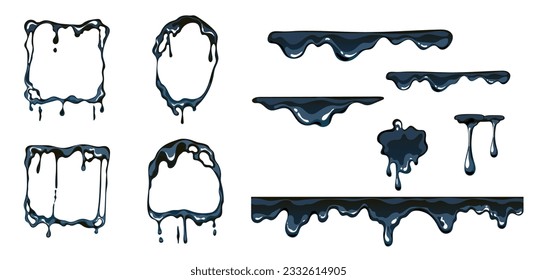 Ink splat spot drop drip splash black oil frame isolated set. Vector graphic design illustration
