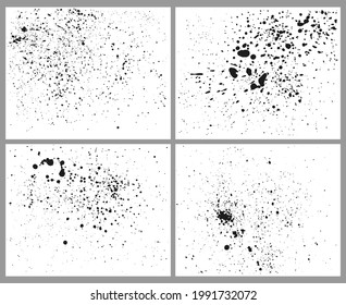 Ink splatter background. Black liquid paint speckles, splashes, stains. Abstract spray paints spatter, grunge ink blots texture vector set. Wet dark brush droplets fluid or dribble