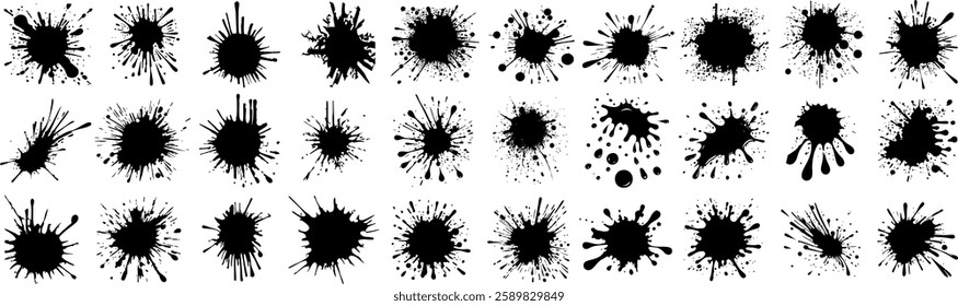 Ink splatter, black ink splash, grunge stain, paint splat, abstract blot, artistic texture, messy drip, isolated spots, spray effect, splattered drop, chaotic brushstroke, vector ink blot