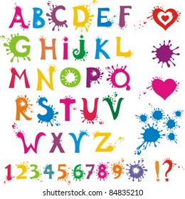 Ink Splatter Colorful Alphabet With Numbers. Vector Illustration