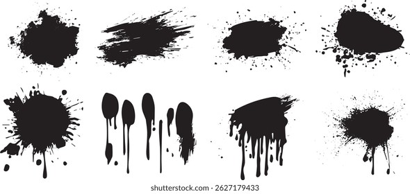 Ink Splatter and Dripping Paint Vector Collection, Grunge Black Blot Textures and Splashes