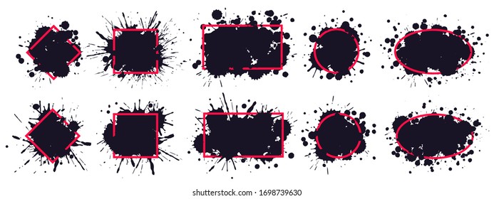 Ink splatter frame. Dirty brush splatted stains, black paintbrush splash frame grunge sprayed inks drips borders vector. Red frame paintbrush, splatted and sprayed, black monochrome drip illustration