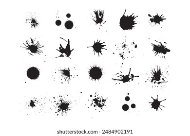 Salpicaduras de tinta. Grunge salpicaduras y manchas de pintura líquida. Salpicaduras de tinta Abstractas Salpicaduras de tinta. Grunge salpicaduras y manchas de pintura líquida. Manchas de tinta negra, manchas, gotas. Abstractas textura de salpicadura desordenada