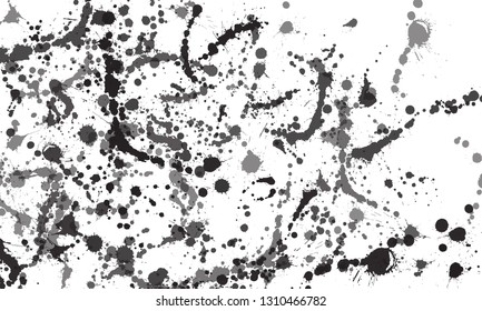 Ink splatter paint drops splashes vector set. Black drip spots isolated on white background. Ink blots, splats, watercolor paint spots, drops splashes. Spray splatter design elements, inky dirt mud