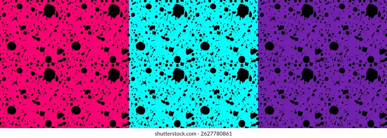 Patrón de salpicadura de tinta sin fisuras sobre fondos carmesí de neón, azul, púrpura. Diseño de textura grunge con gotas de pintura negra. Telón de fondo artístico para arte pop, graffiti y proyectos creativos.