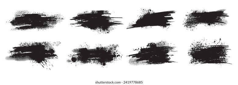 Ink splatter set, paint brush stroke kit, vector black grunge stain, graffiti texture liquid splash. Abstract dirty blob, messy shape drawing collection isolated on white. Ink splatter print element