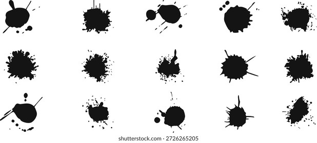 Tintenspritzer-Silhouette einzeln auf weißem Hintergrund. Schwarze Farbtupfer und -spritzer mit rauen Grunge-Texturen. Abstrakte Gestaltungselemente für Graffiti-Kunst, Poster, Overlays und grafische Projekte.