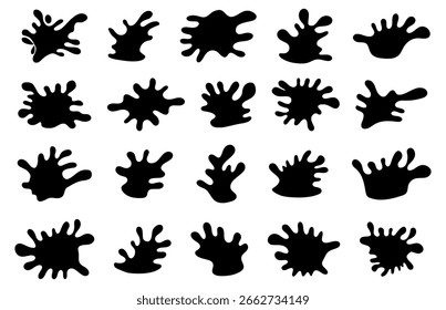 Ink splatter silhouettes with various irregular shapes. Vector grunge stains for artistic backgrounds, graffiti, paint effects, and abstract compositions