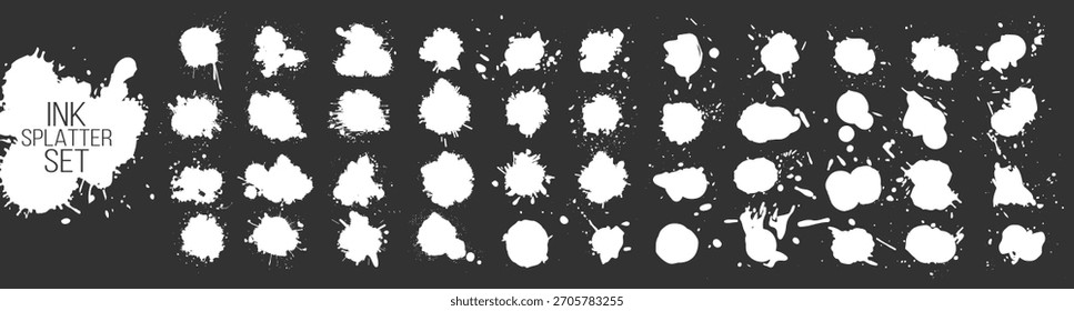 Ink splatter splash paint stain collection with abstract drops and messy grunge shapes in rough artistic style on transparent background