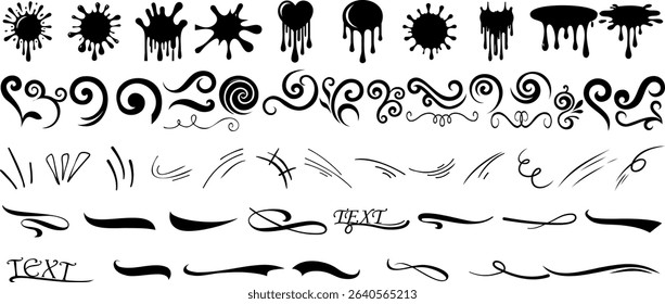 Ink splatter, swirl ornament, and decorative flourish vector set perfect for tattoo design, graphic decoration, or vintage silhouette style elements ideal for creative and artistic projects