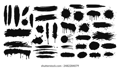 Ink splatter vector illustration set. Set of vector paint brush stroke, ink splatter and artistic design elements.