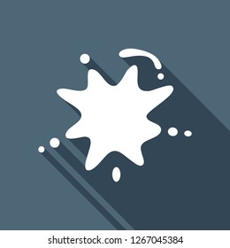Ink spot, paint stain, simple icon. White flat icon with long shadow on blue background