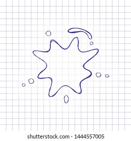 Ink spot, paint stain, simple icon. Hand drawn picture on paper sheet. Blue ink, outline sketch style. Doodle on checkered background