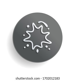 Ink spot, paint stain, simple linear outline icon. White paper symbol on gray round button or badge with shadow