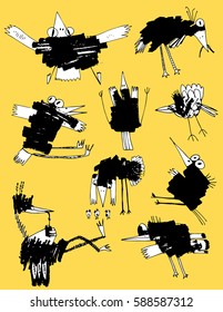 Ink spots. birds. ink stains. ink spot. ink stains gradient. line art. comics. characters. handmade