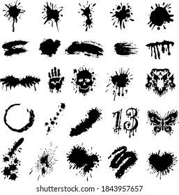 Ink spots of various shapes collection. The images of the skull, hands, butterfly, etc.