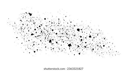 Ink spray on white background. Hand drawn black paint splash. Vector illustration of grunge ink splatter isolated. Graphic design element, splash and drip. Dirty background. Vector illustration