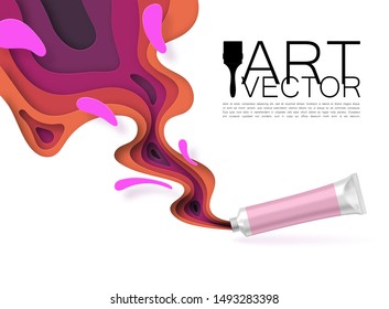 Ink is squeezed from a tube of paint, paper style, cut out. Colored splashes and drops. Fashionable background for art theme promotion.