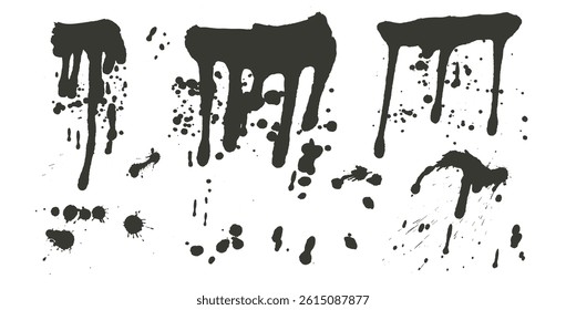 Ink stain liquid textures set. Vector spray splashes and splatter. Grunge graffiti art melting drops sprayed. Urban street dirty stencil on wall. Graphic watercolor or oil paint messy spots..