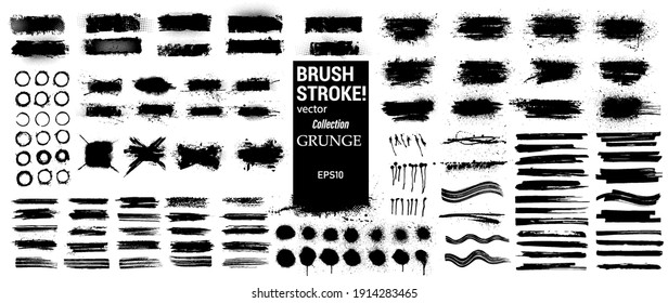 Ink stains, brush stroke and paint splashes in vector collection. Black artistic design elements, quote box, speech template, frames for text, labels, logo. Paintbrush grunge. Street art template set