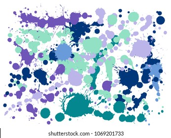 Ink stains grunge background vector. Colored ink splatter, spray blots, dirty spot elements, wall graffiti. Watercolor paint splashes pattern, smear fluid stains splatter background.