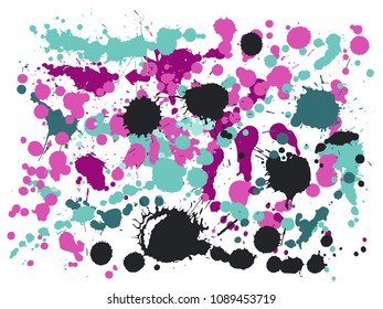 Ink stains grunge background vector. Cool ink splatter, spray blots, mud spot elements, wall graffiti. Watercolor paint splashes pattern, smear liquid stains spots backdrop.