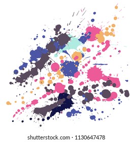 Ink stains grunge background vector. Mottled ink splatter, spray blots, dirt spot elements, wall graffiti. Watercolor paint splashes pattern, smear fluid stains spots background.
