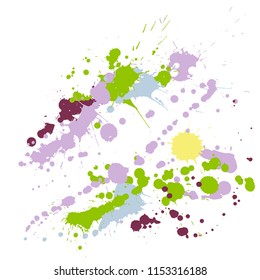 Ink stains grunge background vector. Colorful ink splatter, spray blots, mud spot elements, wall graffiti. Watercolor paint splashes pattern, smear liquid splats stains background.