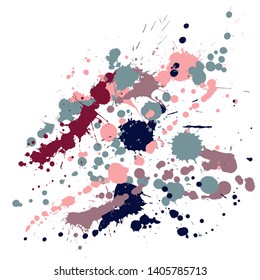 Ink stains grunge background vector. Sprawling ink splatter, spray blots, mud spot elements, wall graffiti. Watercolor paint splashes pattern, smear fluid stains spots background.