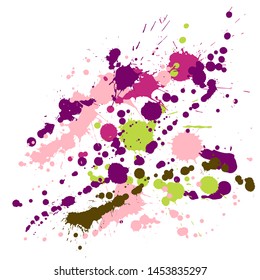Ink stains grunge background vector. Hipster ink splatter, spray blots, mud spot elements, wall graffiti. Watercolor paint splashes pattern, smear liquid stains spots backdrop.