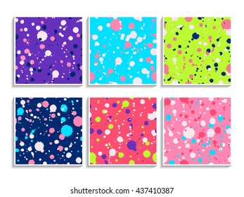 Ink stains patterns set. Paint spots backgrounds. Simple trendy colors textures. Hand drawn messy sketch.