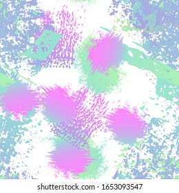 Ink Stains Seamless Pattern. Fashion Concept. Distress Print. Pink, Mint Illustration. Trending Surface Textile. Ink Stains. Spray Paint. Splash Blots. Artistic Creative Vector Background.