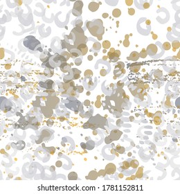 Ink Stains Seamless Pattern. Fashion Concept. Distress Print. Black, Gold Illustration. Army Surface Textile. Ink Stains. Spray Paint. Splash Blots. Artistic Creative Vector Background.