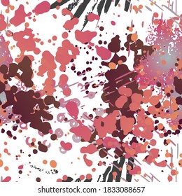Ink Stains Seamless Pattern. Fashion Concept. Distress Print. Bordo, Pink Illustration. Dirty Surface Textile. Ink Stains. Spray Paint. Splash Blots. Artistic Creative Vector Background.