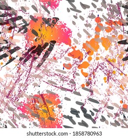 Ink Stains Seamless Pattern. Fashion Concept. Distress Print. Bordo, Pink Illustration. Glamour Surface Textile. Ink Stains. Spray Paint. Splash Blots. Artistic Creative Vector Background.