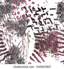 Ink Stains Seamless Pattern. Fashion Concept. Distress Print. Bordo, Pink Illustration. Trending Surface Textile. Ink Stains. Spray Paint. Splash Blots. Artistic Creative Vector Background.
