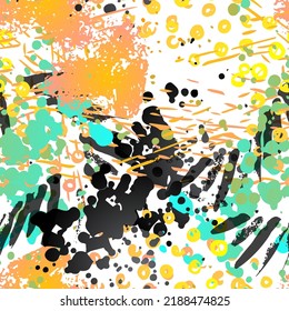 Ink Stains Seamless Pattern. Fashion Concept. Distress Print. Color, Bright Illustration. Camo Surface Textile. Ink Stains. Spray Paint. Splash Blots. Artistic Creative Vector Background.