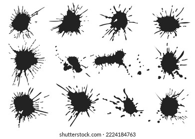 Ink stains set in cartoon design. Bundle of different shapes of grunge texture decorative shapes of paint, liquids splashes with splatters and drips effect isolated flat elements. Vector illustration