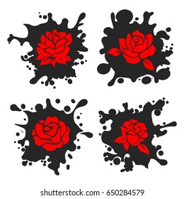 Ink stains and sprays silhouettes with red roses. Vector illustration
