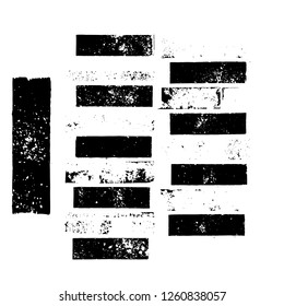 Ink stamped bars and brush strokes with grungy dirty splatter marks in a black and white vector design