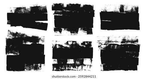Ink streaks and callouts tag. Grunge brush paint stokes text boses. Brayer ink black merged lines. Thick paint rolled stripe stamps set. Chalk wide underlines. Vector smear labels banners background.