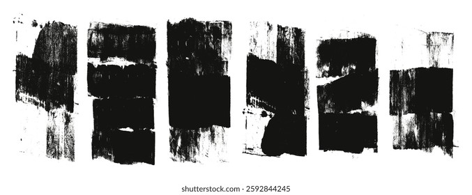 Ink streaks and callouts tag. Grunge brush paint stokes text boses. Brayer ink black merged lines. Thick paint rolled stripe stamps set. Chalk wide underlines. Vector smear labels banners background.