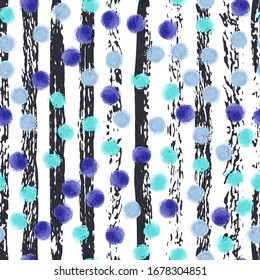 Ink Stripes, Dots Background. Seamless Vector Pattern. Hand Drawn Paint Strokes. Vector Hand Drawn Textures. Seamless Abstract Background. Black Brush Strokes. Grunge Watercolor Vector Illustration.