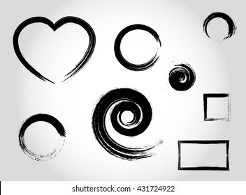 Ink strokes geometric forms. Ink stroke circle. Calligraphic geometric forms. Square, circles, heart, spiral, shapes.