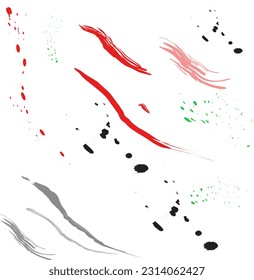  ink strokes on a white background, red, pink and gray strokes on a white background. Black and green spots on a white background. Vector. Illustration.