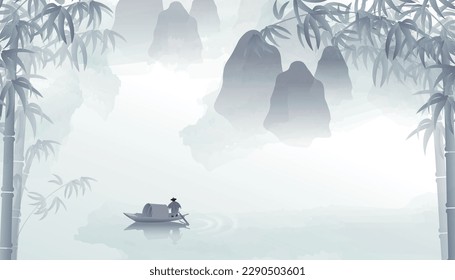 Ink style background, bamboo forest foreground and distant mountains, awning boat